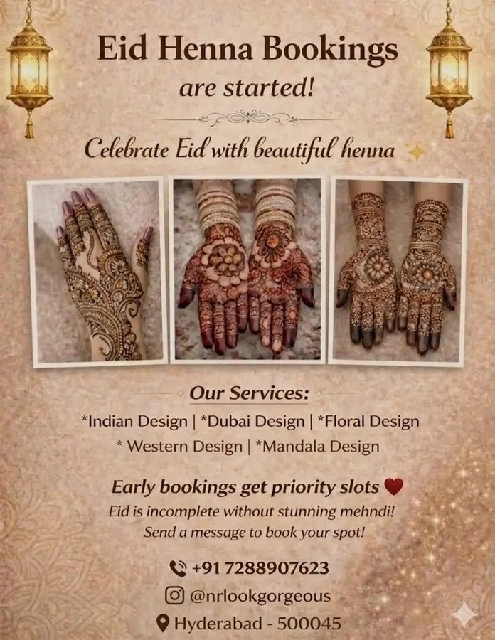 Eid campaign creative for NR Lookgorgeous, festive mehendi designs in gold and deep tones.